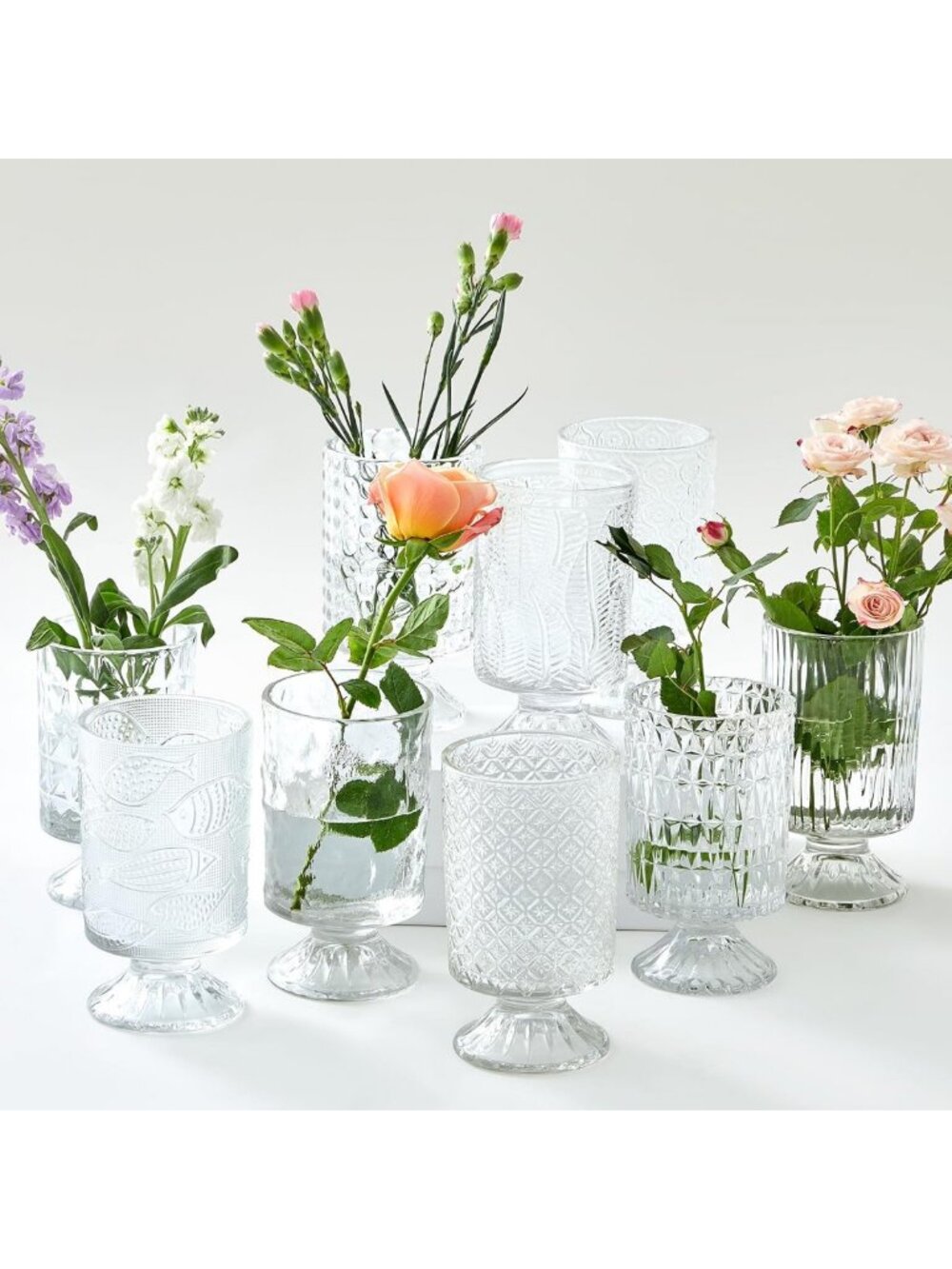 Set of 9 Embossed Flower Pedestal Vases - Clear Glass, 7" H x 4" W, Home Decor